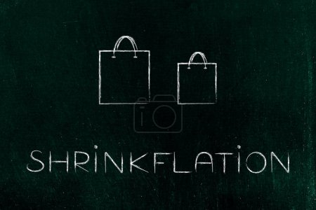 Shrinkflation design with shopping bags, concept of products getting smaller for the same price due to Inflation and recession