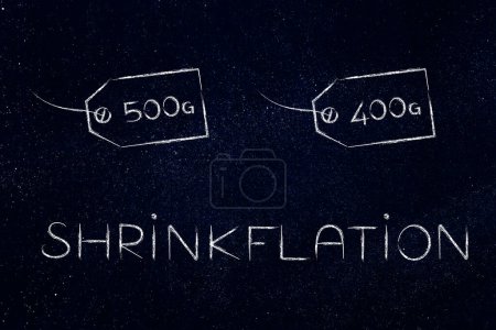 Shrinkflation design with product weight labels, concept of products getting smaller for the same price due to Inflation and recession