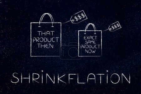 Schrumpfungsdesign mit Einkaufstaschen, Konzept der Produkte, die aufgrund von Inflation und Rezession für denselben Preis kleiner werden