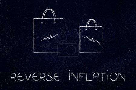 Inflación inversa y arreglar el costo de vida imagen conceptual, bolsas de compras con flechas que suben y bajan