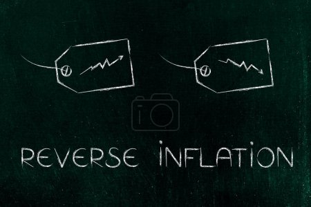 Umkehr der Inflation und Fixierung der Lebenshaltungskosten konzeptuelles Bild, Preisschilder mit Pfeilen nach oben und unten