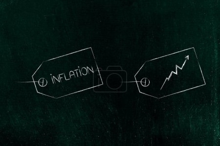 Inflation and recession conceptual image, price tags with arrow going up and text