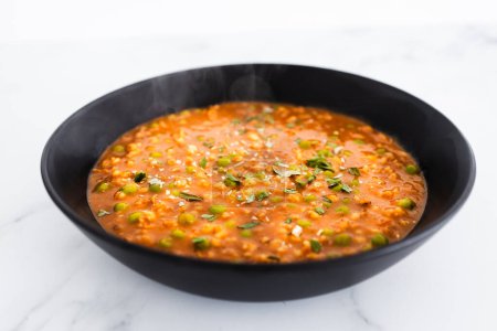 plant-based barley and peas curry with tikka masala sauce, healthy vegan food recipes