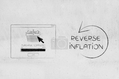 Umkehr der Inflation und Fixierung der Lebenshaltungskosten konzeptuelles Bild, Kauf Pop-up-Fenster mit Text und Pfeil rückwärts