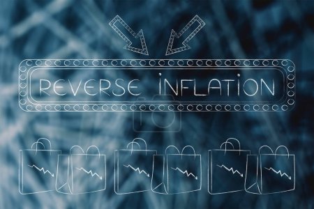 Inflación inversa y arreglar el costo de vida imagen conceptual, texto con bolsas de compras con flecha bajando