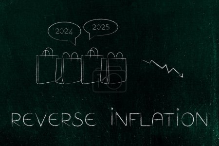 renverser l'inflation et fixer le coût de la vie image conceptuelle, sacs à provisions avec flèche descendant