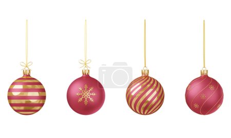 Photo for Set of 3D render Christmas toys. Front view. Red and gold Christmas balls on a golden ribbon. Festive decoration of Christmas and New Year cards, invitations, leaflets. Isolated on a white background - Royalty Free Image