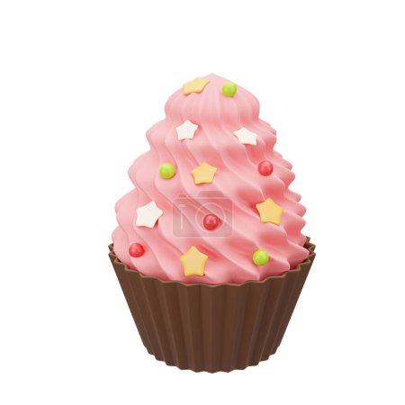 Foto de Renderizado 3D de magdalena con crema rosa y salpicaduras. Comida rápida. comida dulce, pasteles, postre. Ilustración brillante en dibujos animados, plástico, arcilla estilo 3D. Aislado sobre un fondo blanco - Imagen libre de derechos