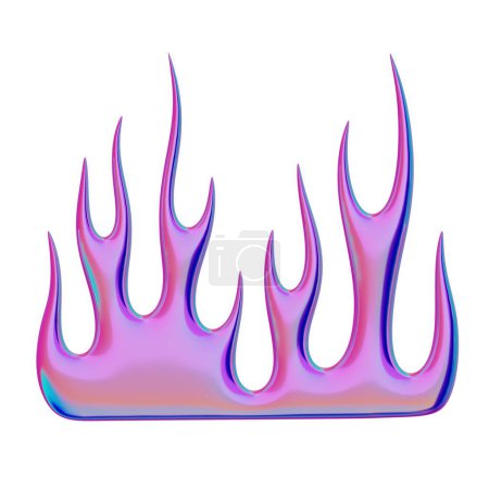 3D flame. Trendy Y2K element. Iridescent colorful burning fire shape with glossy gradient effect. 3D render. Isolated illustration.