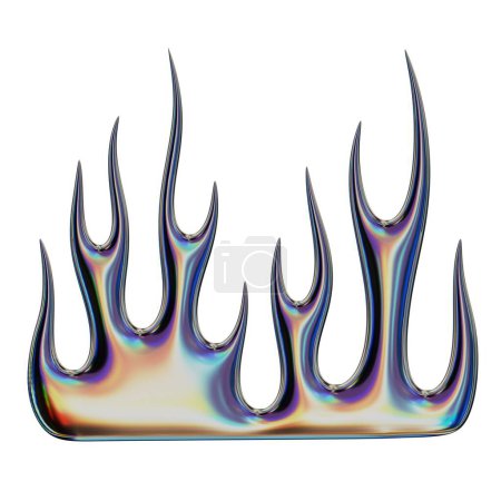 3D-Flamme. Trendiges Y2K-Element. Schillernde, farbenfrohe Feuerform mit Glanzgradienten-Effekt. 3D-Renderer. Vereinzelte Illustration.