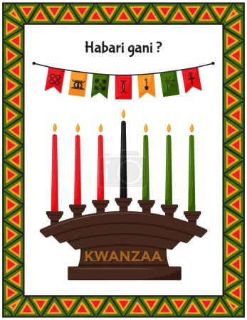 Illustration for Greeting card with traditional candle holder - Kinara and flags with signs of Kwanzaa principles. Habari gani - What s news in Swahili. Frame with African triangle patterns. Color vector illustration - Royalty Free Image