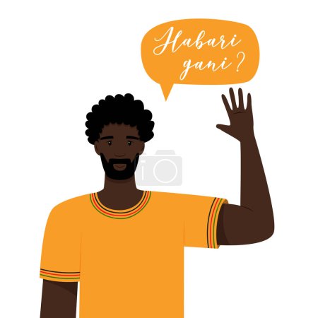 Téléchargez les illustrations : Un jeune Africain vêtu d'un t-shirt jaune agite la main. Habari gani en swahili signifie Quoi de neuf Salutation traditionnelle pendant la célébration de Kwanzaa. Illustration vectorielle plate isolée sur blanc - en licence libre de droit