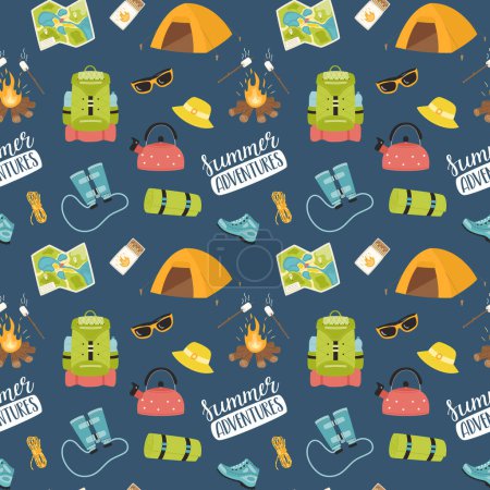 Illustration for Travel seamless pattern. Camping equipment and gear. Hand drawn flat hiking elements, lettering. Color doodle backdrop for website, banner, textile, packaging design. Vector illustration on dark blue - Royalty Free Image