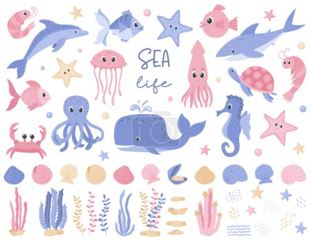 A set of cute cartoon fish. Whale, octopus, squid, turtle, shrimp. Collection of funny sea animals, algae, plants, rocks. Flat vector illustrations isolated on a white background.