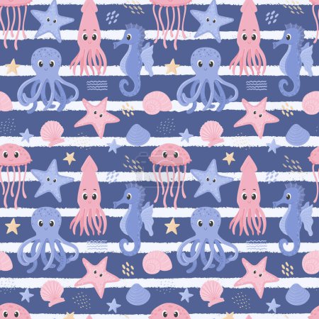 Patrón sin costuras con calamar, pulpo, caballito de mar y medusas. Lindos personajes oceánicos en el mundo submarino. Animales marinos y conchas. Ilustraciones vectoriales de dibujos animados sobre un fondo azul oscuro con rayas
