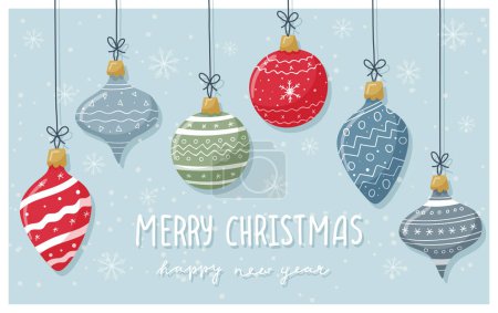 Illustration for A greeting card. Christmas toys with hand-drawn patterns and ornaments and handwritten words Merry Christmas and Happy New Year. Blue background with snowflakes. Color vector illustration. Flat style - Royalty Free Image