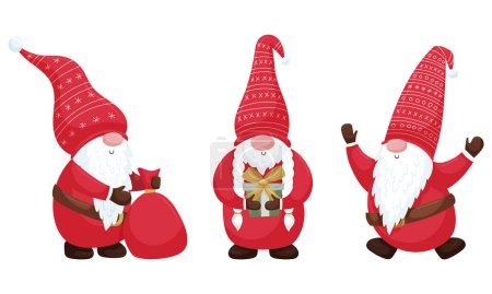 Ilustración de Un conjunto de gnomos navideños en traje rojo y sombrero. Llevando un regalo, una bolsa de regalos, saltando de alegría. Una colección de lindos personajes de dibujos animados de Navidad aislados en blanco. Ilustración del vector de color. - Imagen libre de derechos