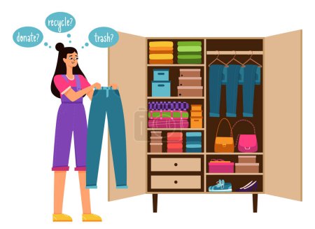 A young girl hold blue jeans and is think - donate it, recycle it or trash it. An open wardrobe with clothes. Reasonable consumption, cluttering, sorting of clothes. Flat color vector illustration.