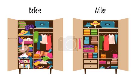 Illustration for A wardrobe with clothes neatly laid out on the shelves and a wardrobe randomly littered with clothes. Mess and order in the wardrobe. before and after cleaning, sorting things. Reasonable consumption - Royalty Free Image