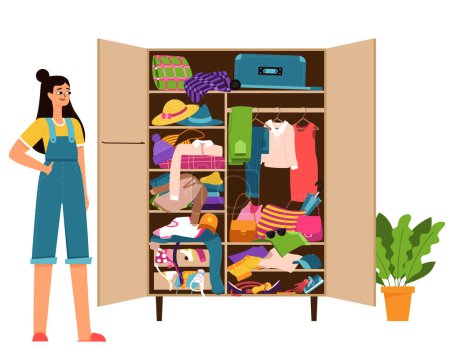 Illustration for A girl in overalls and a closet from which clothes fall out. A mess, a cluttered wardrobe. Color vector illustration of isolated on a white background - Royalty Free Image