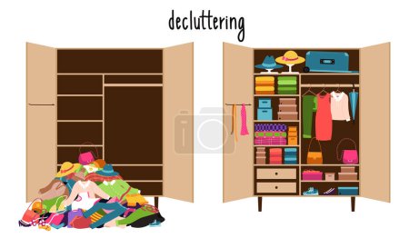 Un armario vacío y una pila de ropa y un armario con ropa ordenadamente dispuestos en los estantes. El lío y el orden en el armario. Antes y después de la limpieza, ordenar las cosas, el desorden. Ilustración vectorial.