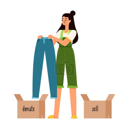 A young girl with dark hair is holding blue jeans in her hands and is thinking of donating it or selling it.The theme of reasonable consumption, cluttering, sorting clothes. Flat vector illustration