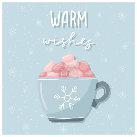 Illustration for A greeting card. Cute cocoa mug with marshmallow and snowflake and handwritten words - Warm wishes. Blue background with snowflakes. Color vector illustration in a flat style - Royalty Free Image