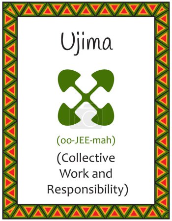 Téléchargez les illustrations : Une carte avec l'un des principes Kwanzaa. Symbole Ujiima signifie travail collectif et responsabilité en swahili. Affiche avec un motif ethnique africain aux couleurs traditionnelles. Illustration vectorielle - en licence libre de droit