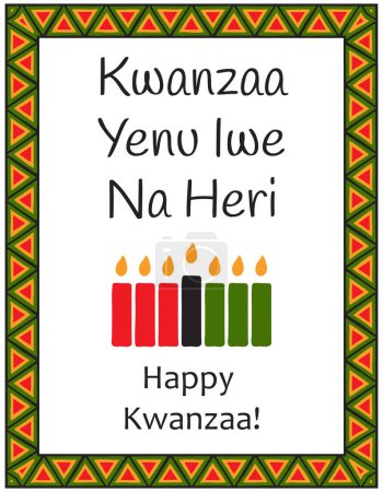 Téléchargez les illustrations : Carte avec sept bougies traditionnelles, symboles de Kwanzaa et mots - Kwanzaa Yenu Iwe Na Heri - Happy Kwanzaa en swahili. Affiche avec motif ethnique africain aux couleurs traditionnelles. Illustration vectorielle - en licence libre de droit