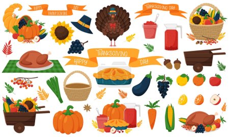 Illustration for A set of elements and compositions with Thanksgiving symbols. Turkey, basket with vegetables and fruits, cornucopia, festive ribbon. Cartoon vector illustration isolated on a white background. - Royalty Free Image
