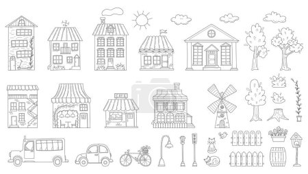 Eine Reihe von Umrissen Häuser, Gebäude, Café, Mühle, Bäume, Fahrzeuge in Skizze-Doodle-Stil. Kollektion für Kinderdesign. Handgezeichnete Schwarz-Weiß-Vektorillustrationen isoliert auf weißem Hintergrund.