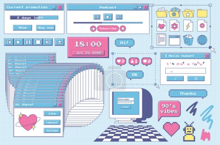 Illustration for A set of user interface design elements in 80s, 90s retro style. Old computer aesthetics. Vintage nostalgic icons and windows. Folder icons,, monitor, frozen dialog box, player. Vector illustration - Royalty Free Image