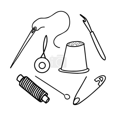 Illustration for Set of elements on the theme of needlework. Black and white vector illustration in doodle style. Objects are isolated on a white background. Needle, pin, hooks, ripper, thimble. hand-drawn - Royalty Free Image