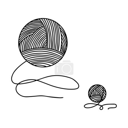 Skein of yarn for knitting. The object is hand-drawn and isolated on a white background. Black and white vector illustration in doodle style. Woolen threads wound into a ball for knitting and sewing.