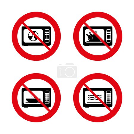 Illustration for Prohibition, ban, no or stop signs. Microwave icons. Do not cook in the microwave. Cook in the electric stove symbol. Forbidden prohibited red characters. Vector illustration - Royalty Free Image