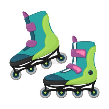 Un par de patines en línea en estilo plano.Ilustración de vectores de color.Vehículo ecológico para conducir por la ciudad y dentro de grandes habitaciones.Patines para paseos y deportes. Aislado sobre un fondo blanco
