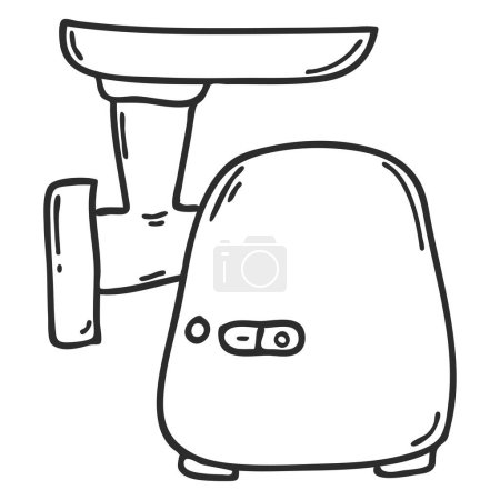 Illustration for Electric meat grinder in doodle style. Kitchen appliance for grinding meat. Design can be used to decorate menus, recipes, food packaging. Hand drawn and isolated on white. Black-white vector. - Royalty Free Image
