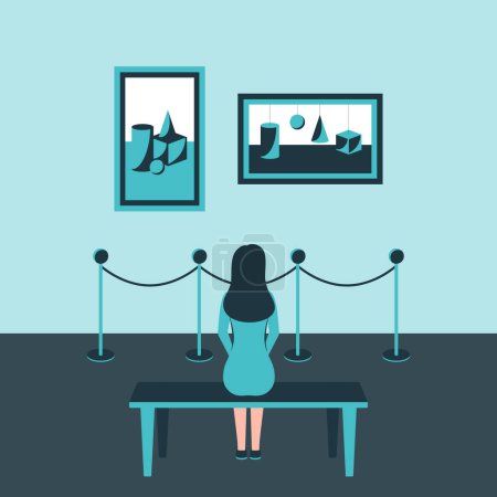 Téléchargez les illustrations : Une jeune fille s'assoit sur un banc dans un musée, lors d'une exposition d'art moderne et regarde des peintures abstraites accrochées au mur derrière la clôture. Jeu de couleurs bleu monochrome. Illustration vectorielle. Concept - en licence libre de droit