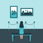 A girl sits back on a bench in a Museum, at an exhibition of modern art and looks at abstract paintings hanging on the wall behind the fence. Monochrome blue color scheme. Vector illustration. Concept