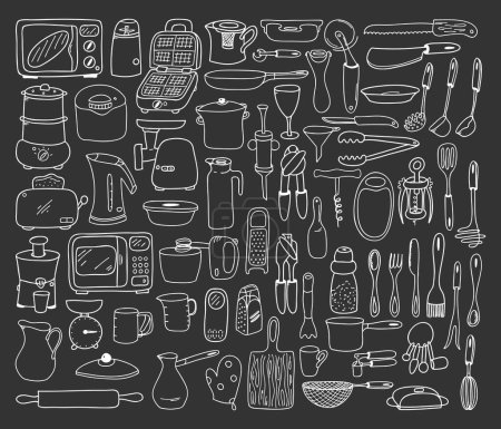 A large set of kitchen tools,dishes,utensils in Doodle style on the background of a chalkboard.A collection of elements for menu design, recipes, packaging. Hand-drawn and isolated. Black-white vector tote bag #626810640