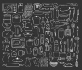 A large set of kitchen tools,dishes,utensils in Doodle style on the background of a chalkboard.A collection of elements for menu design, recipes, packaging. Hand-drawn and isolated. Black-white vector tote bag #626810640