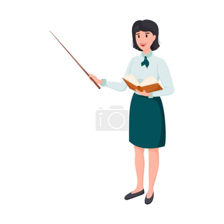 Una maestra con falda y blusa está de pie con un puntero en una mano y un libro abierto en la otra. Una bonita maestra con el pelo corto y oscuro sonríe. Volver a la escuela.Ilustración vectorial. estilo plano
