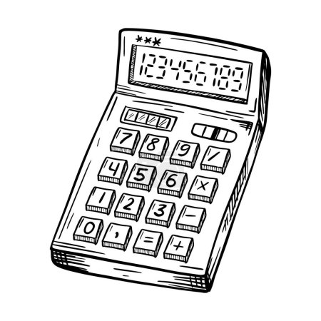 Illustration for A sketch of the calculator. An accounting or school accounting tool. A simple hand-drawn drawing, isolated on white. Black and white vector illustration. - Royalty Free Image