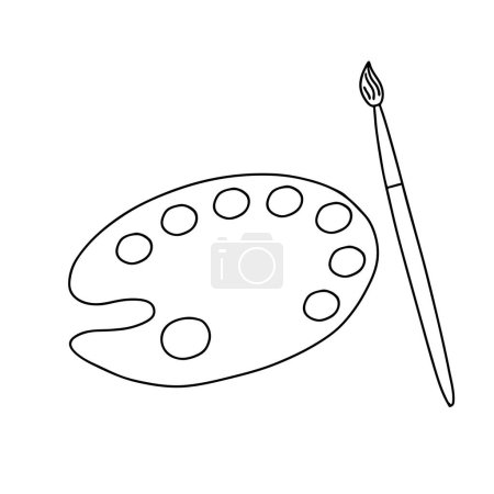 Illustration for Palette with colors and brush in Doodle style. A symbol of art, a design element on the theme of drawing, art, or Hobbies. Hand drawn and isolated on white. Black and white vector illustration - Royalty Free Image