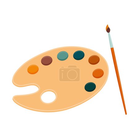 Illustration for Wooden palette with paints and brush in paint. Supplies for school children and artists. Tools for drawing and creativity. Isolated on a white background.Color vector illustration in a flat style - Royalty Free Image