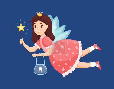 Illustration for The tooth fairy flies and holds a magic wand and a purse for teeth. Cute little girl Princess is smiling. Cartoon character. Picture for kids. Children's vector illustration on a dark background - Royalty Free Image