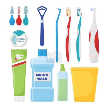 Illustration for The set of items for daily hygiene of the oral cavity. Dental care supplies. Healthy lifestyle. Morning routine. A collection of flat-style elements isolated on a white background. Vector illustration - Royalty Free Image