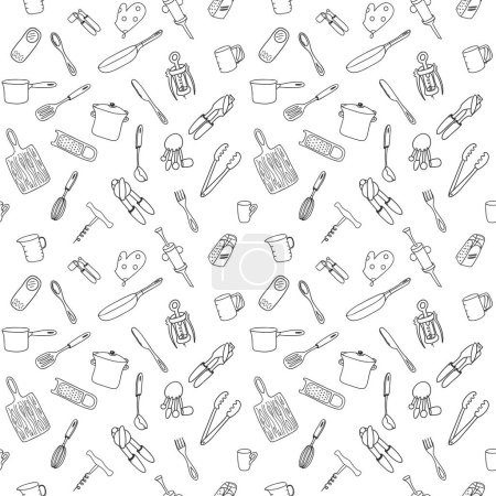 Illustration for Seamless pattern with elements of kitchen utensils, utensils and appliances. Black-white background for menu design,brochures, web pages. Doodle illustration is hand drawn and isolated on white.Vector - Royalty Free Image