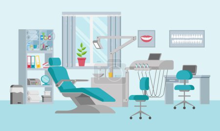 Illustration for Concept of a dental unit with an adjustable chair, lamp, shelf, sink and window. Medical office in a flat style. Modern interior and equipment in the clinic. Posters on the walls. Vector illustration - Royalty Free Image
