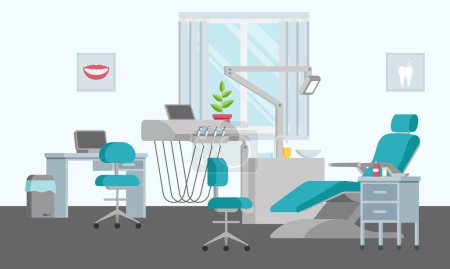 Concept of a dental unit with an adjustable chair, lamp, shelf, sink and window. Medical office in a flat style. Modern interior and equipment in the clinic. Posters on the walls. Vector illustration